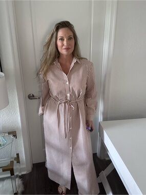 LOFT Factory Striped Maxi Shirt Dress in White and Brown